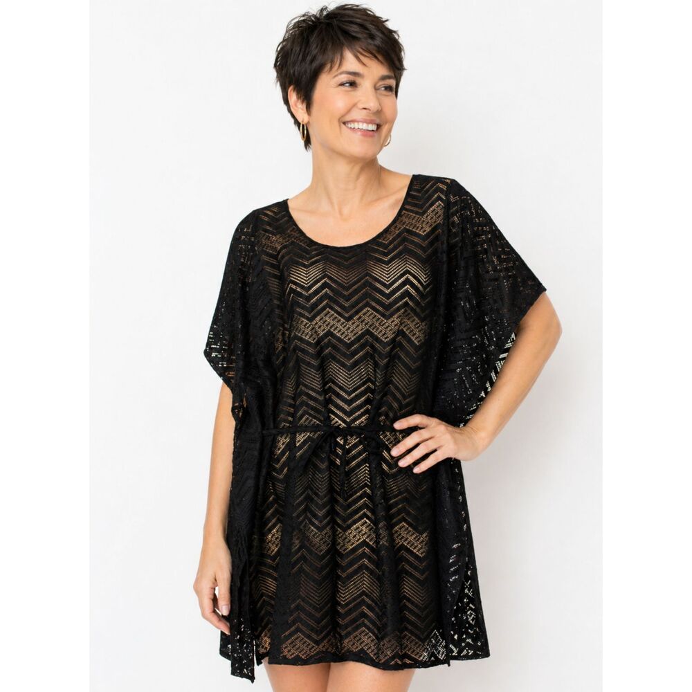 NWOT Mario Serrani Italy Medium Black Chevron Mesh Sheer Cover-up Top